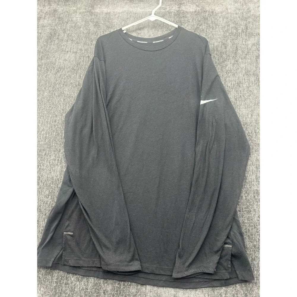 Nike Dri-Fit Basketball T-Shirt Mens 2XL Black‎ Swoosh Logo Long Sleeve Athletic